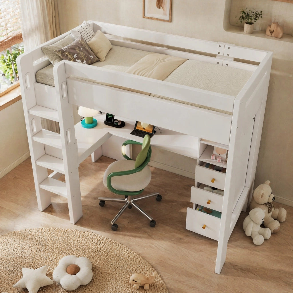 Letto a soppalco ULEVR 90x200 cm con scrivania angolare, 3 cassetti, 3 ripiani e ricarica USB/Type-C, bianco