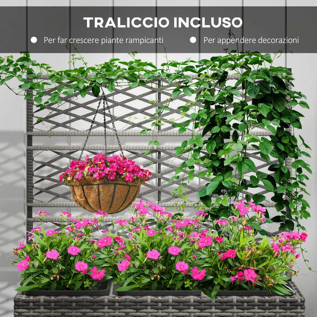 Fioriera con Grigliato per Rampicanti ¨C zephmum ¨C 3 Vasi, Acciaio e Rattan PE, 84x30x107cm, Grigio