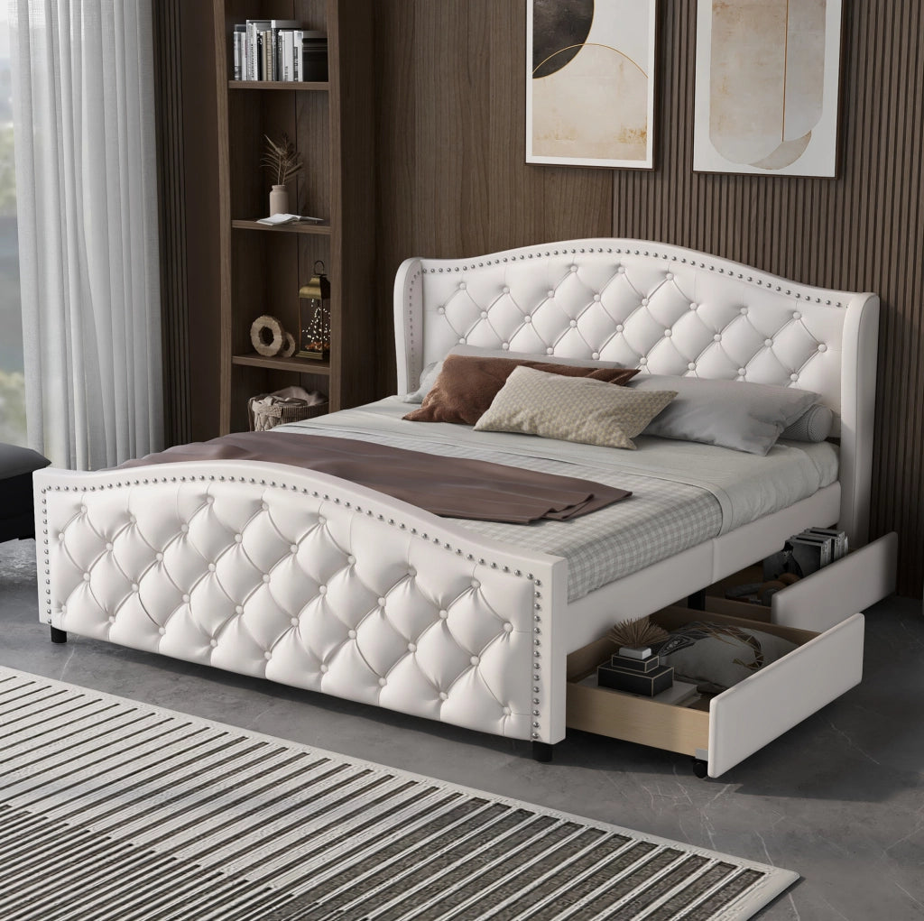 Letto imbottito 140x200 cm bianco in PU con 2 cassetti