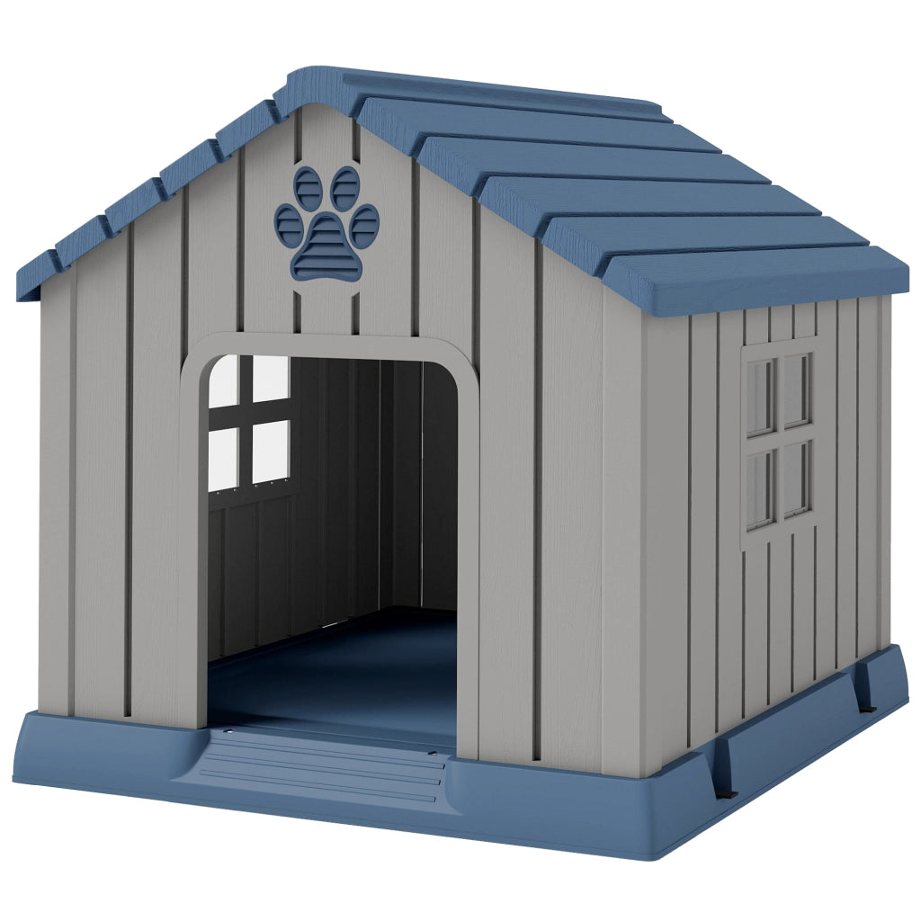 Casetta per Cani Taglia Media da Esterno Impermeabile con Base Rialzata e Finestre, 85x79x82 cm, Grigio