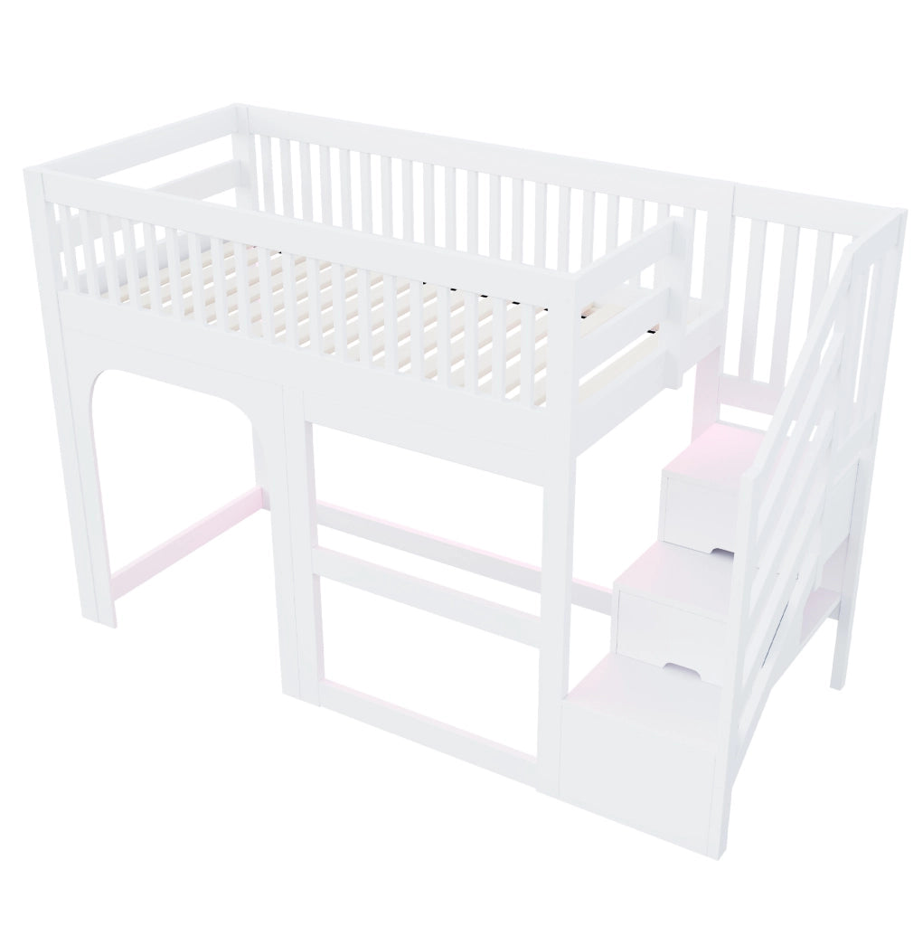 Letto a soppalco per bambini 90x200 cm con scala contenitore e LED