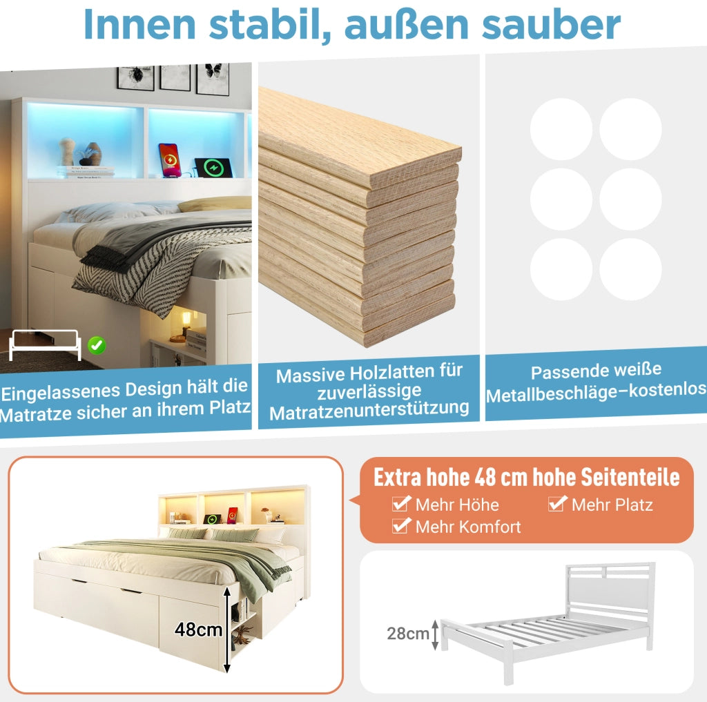 Letto matrimoniale bianco 140 × 200 cm con comodini mobili, LED e ricarica