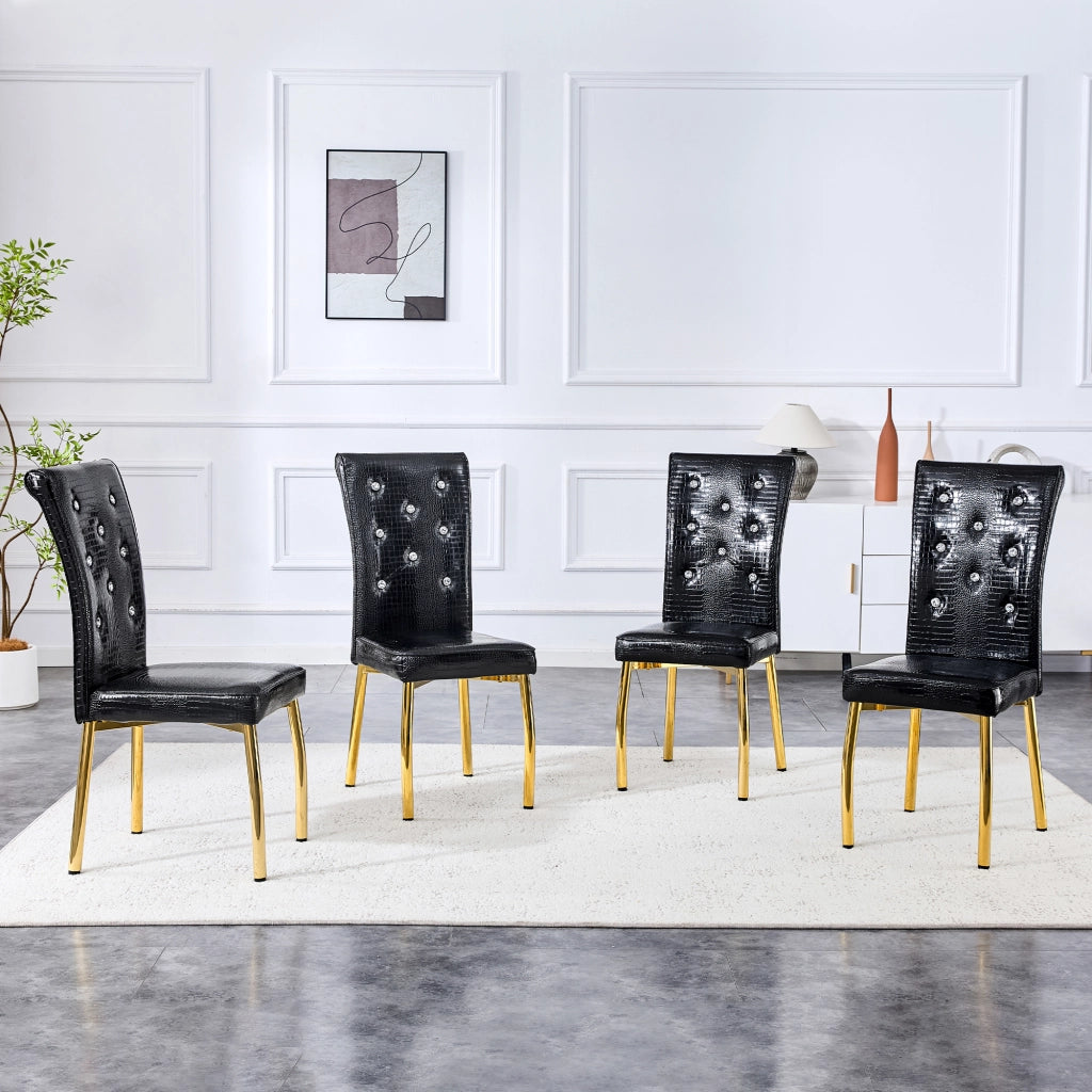 Sedia da Pranzo Set da 4 con Schienale Imbottito, Gambe in Metallo Dorato, in PVC Nero e Oro