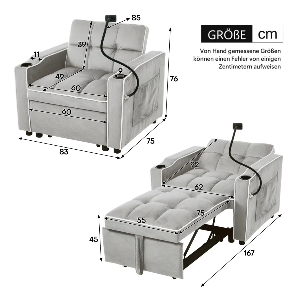 Poltrona letto estraibile 3 in 1 grigio 83x167x76 cm
