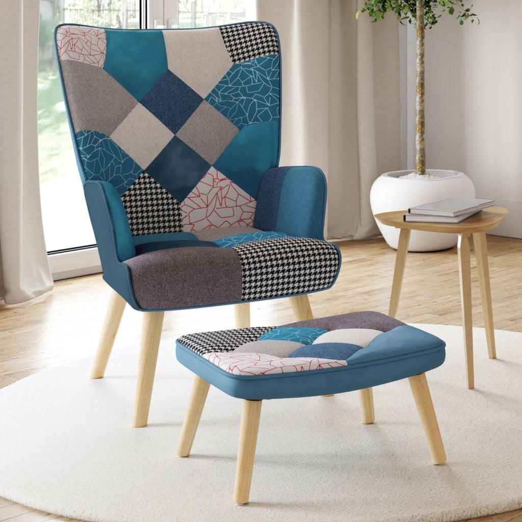 IDMarket - IVAR Poltrona scandinava con poggiapiedi in tessuto patchwork e velluto blu
