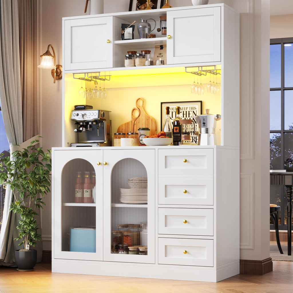 BUFFET 120x40x188 cm in MDF Bianco con LED e maniglie dorate