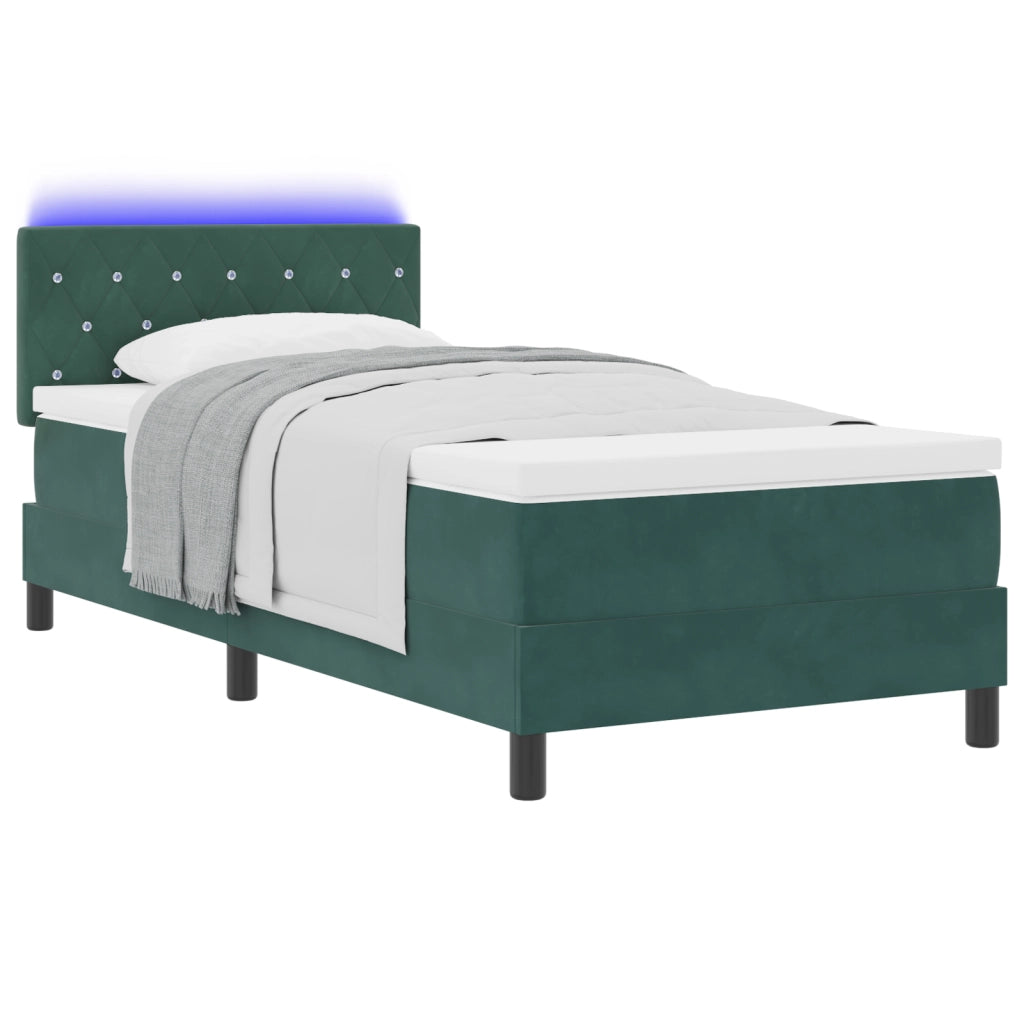 Letto Box Spring con Materasso e LED Verde Scuro 90x200 cm Velluto
