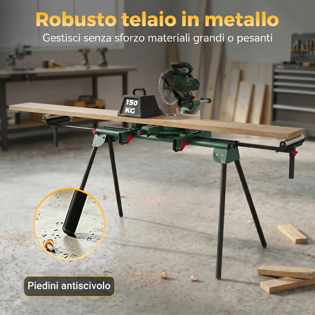 Supporto per Troncatrice con Bracci Regolabili. Gambe Pieghevoli. Altezza Regolabile. Capacit¨¤ 150 kg. Verde