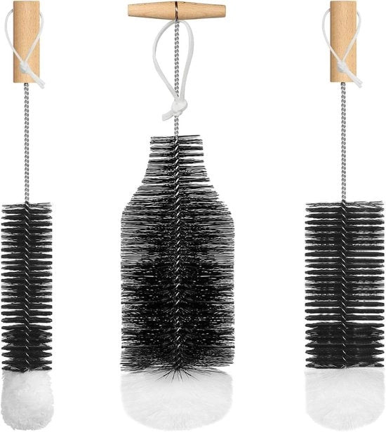 Set di spazzole per bottiglie in vetro - Spazzola per bottiglie da 1 litro, caraffe da vino, bottiglie da drink, flessine per bambini - 3 pezzi