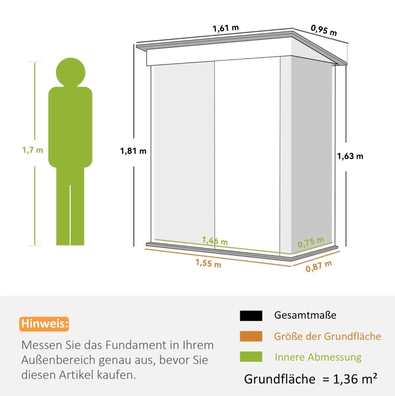 Casetta da giardino in acciaio grigio 155 x 87 cm con ripiani regolabili e porta con serratura