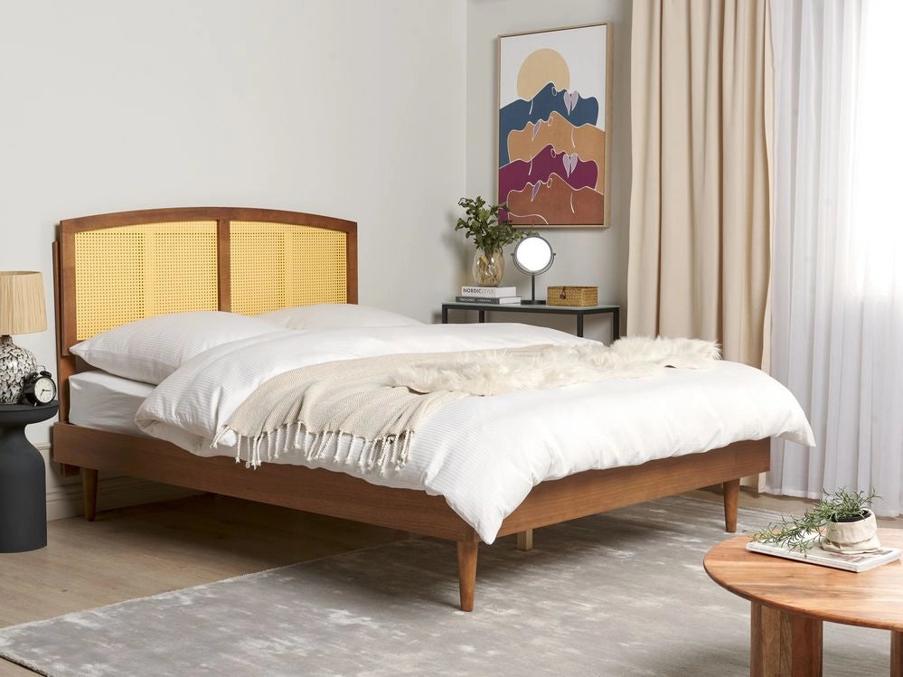 Letto in legno di gomma chiaro UE matrimoniale 160 x200 cm con testiera a doghe Stile rustico minimalista