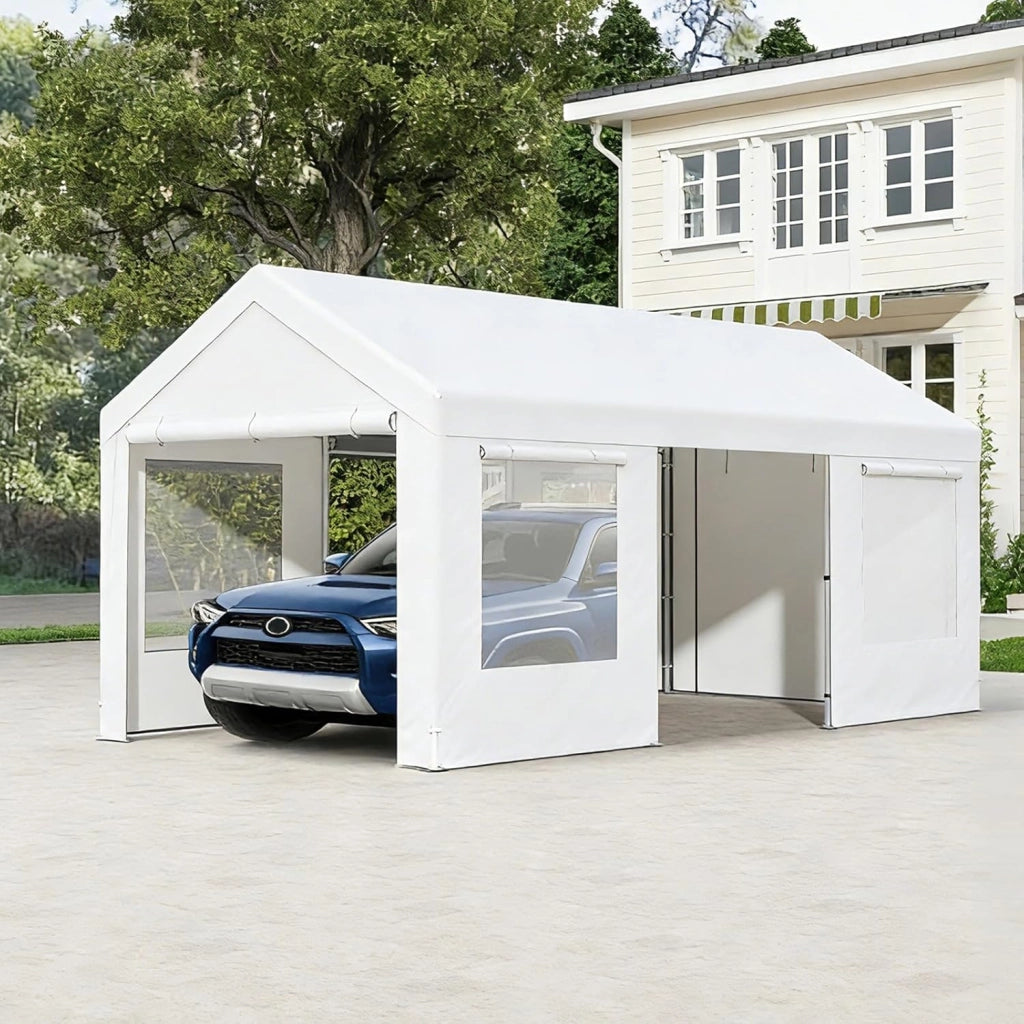 Tenda Garage Auto Esterno, Tettoia per Auto con Telaio in Metallo, Copertura in PE Resistente alle Intemperie, Capanno Giardino per Vehicolo, Bici, Moto, Attrezzi (Bianco, 305 x 586 x 280 cm)
