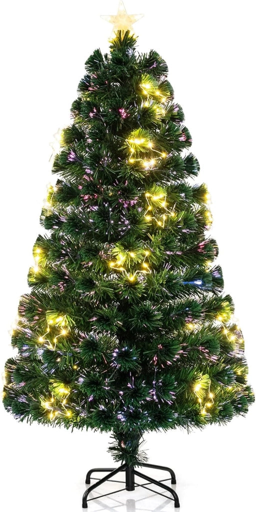 Albero di Natale in Fibra Ottica 120/150/180 cm, Albero di Natale Artificiale Pre-illuminato con 18/24/36 Luci a Stringa, Stella sulla Cima e 130/170/230 Punte dei Rami (150 CM)