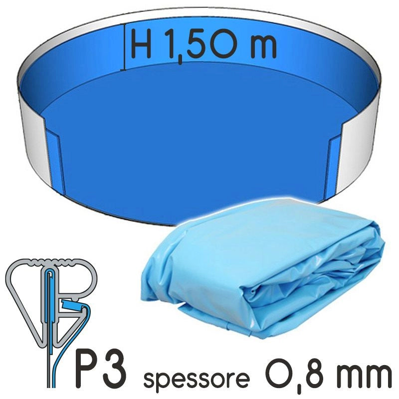 Liner Per Piscina A Forma Circolare  4,00 X H. 1,20 M Sabbia - Attacco P3 - Spessore 0,80 Mm Altezza: 1.50 m, Colore: Azzurro, Tipo attacco: P3