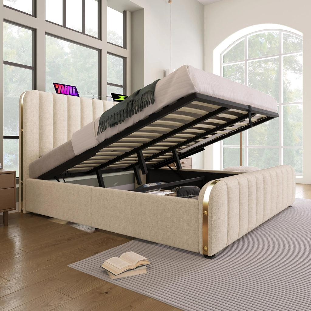 Letto matrimoniale imbottito 180x200 cm con testiera USB Type-C, contenitore idraulico, beige