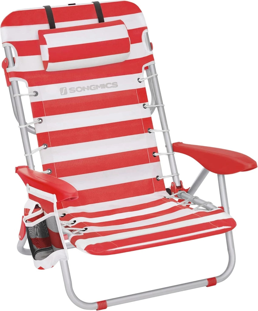 SONGMICS Sedia da spiaggia, sedia da campeggio pieghevole, con tracolla, schienale regolabile, poggiatesta, bracciolo, 2 tasche laterali, blu e bianco GCB62BU