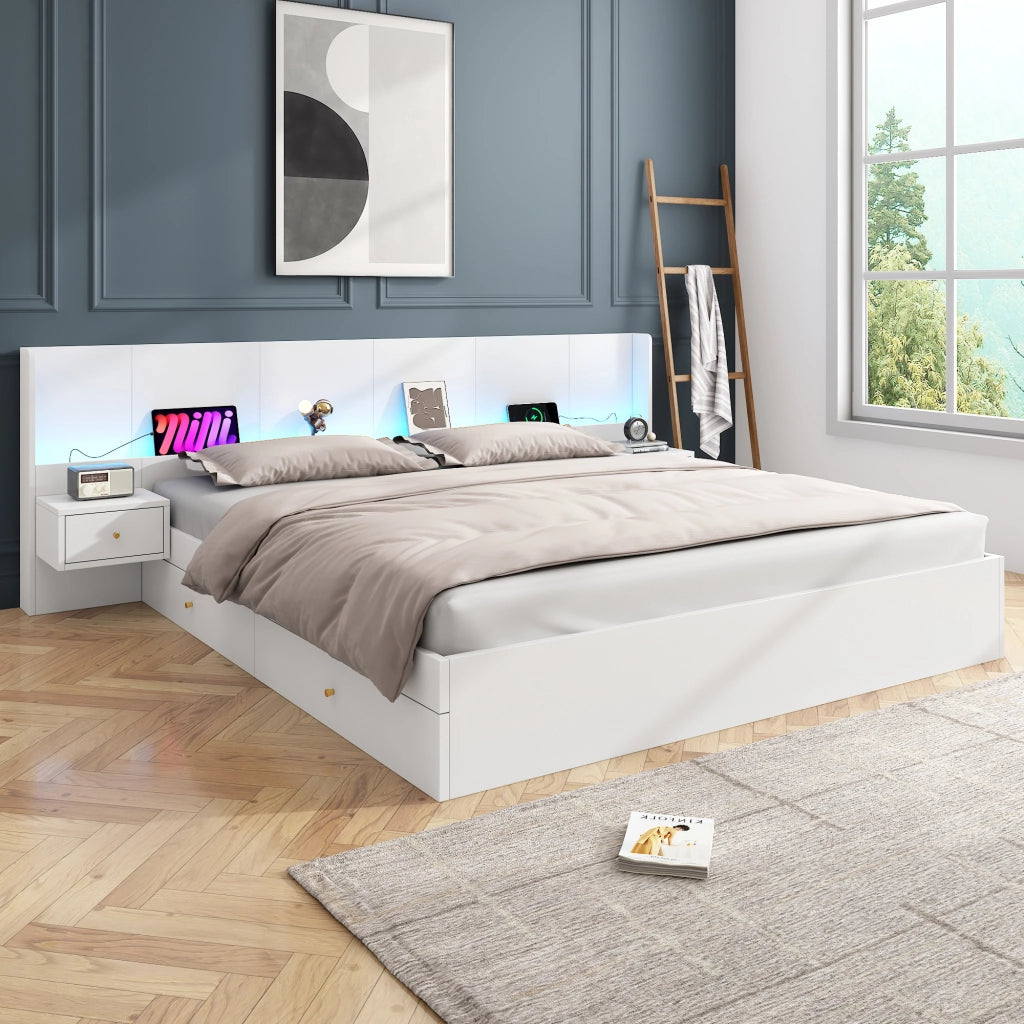 Letto matrimoniale 180x200 cm in MDF bianco con USB, prese, LED APP, 2 comodini, 2 cassetti, senza materasso