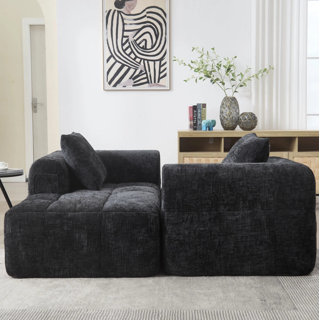 Divano chaise longue in ciniglia nero con tasche laterali