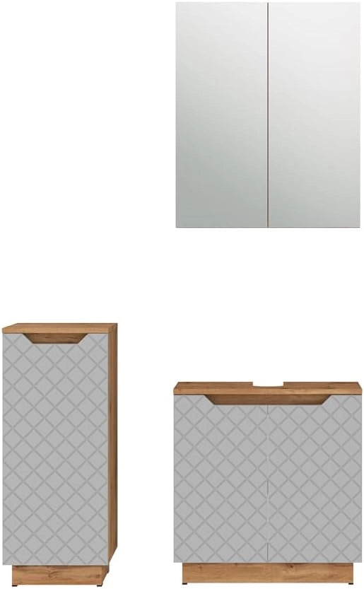 Set di mobili da bagno Lotta, Rovere/grigio con struttura in piastrelle, 3 parti