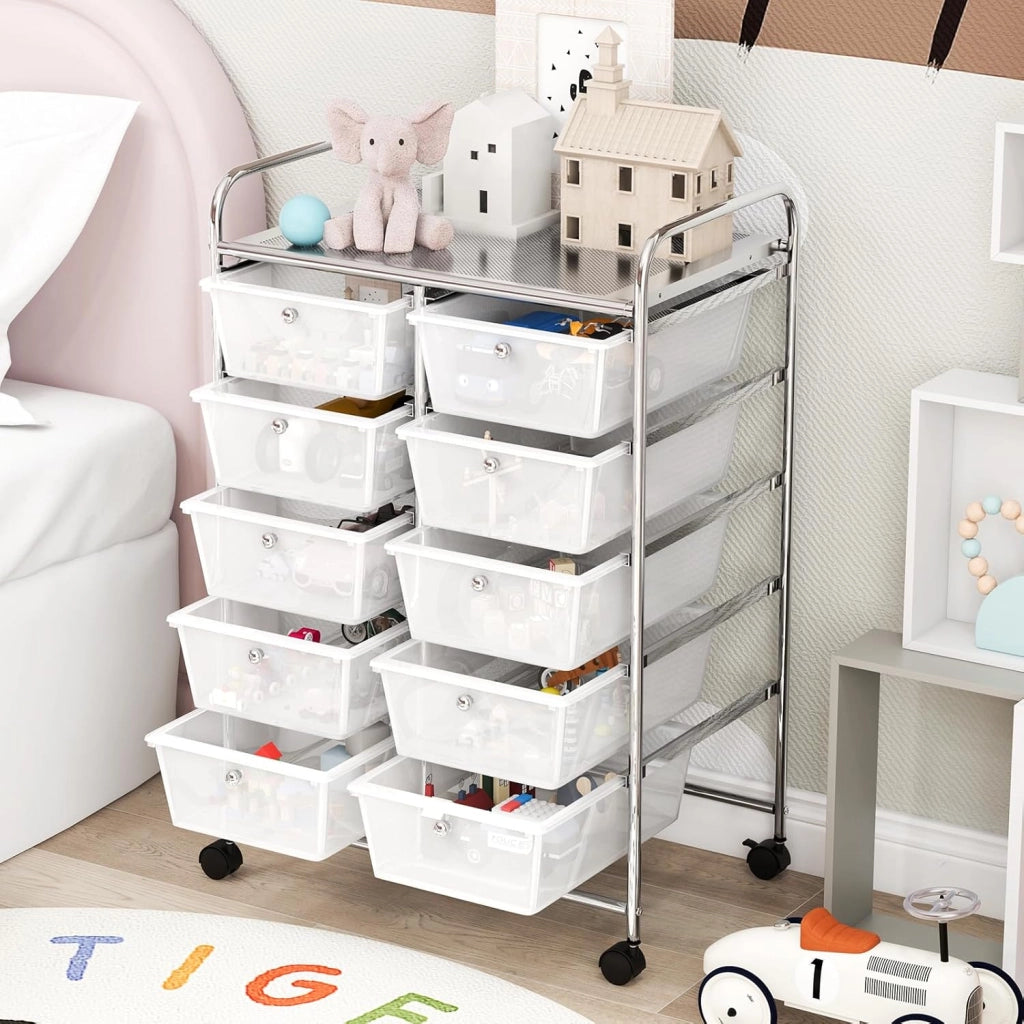 Carrello a 10 Cassetti con Ruote, Carrello di Stoccaggio con Stabilità Elevata, Carrello Multiuso per Casa Ufficio e Scuola, 65,5 x 37 x 87 cm (Trasparente)