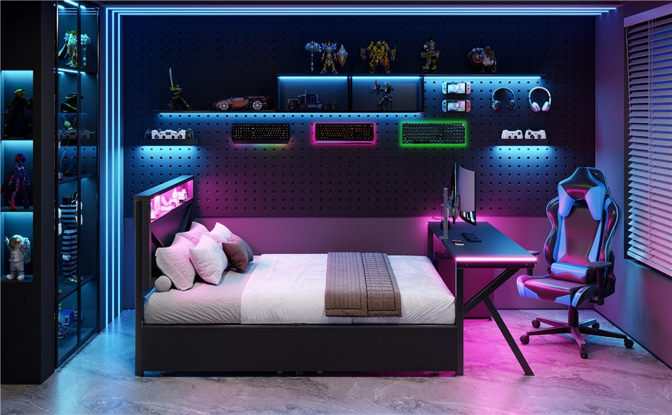 Letto gaming 140x200 - Xylo - LED, scrivania, cassetti, nero