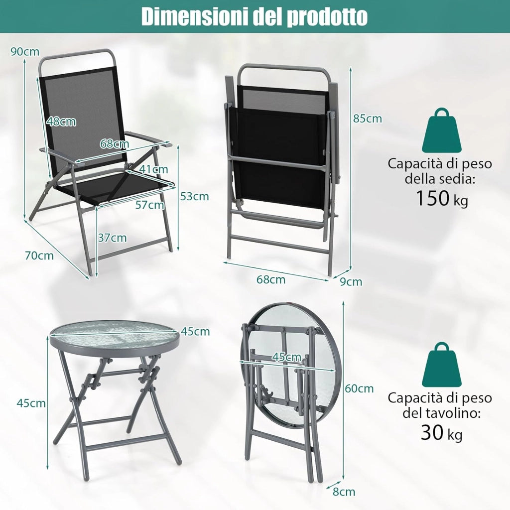 Set Tavolo e Sedie da Giardino Pieghevoli, Set Mobili da Esterno 3 Pezzi con Sedia in Textilene e Tavolino Rotondo in Vetro Temperato, Salottino da Giardino Balcone Bistrò