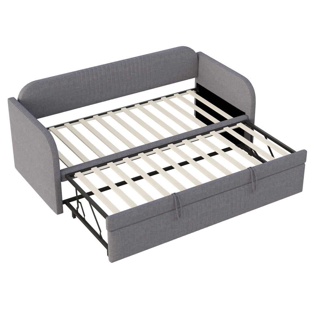 Letto imbottito estraibile 90x190/180x190 cm grigio con rete a doghe, in tessuto effetto lino, senza materasso