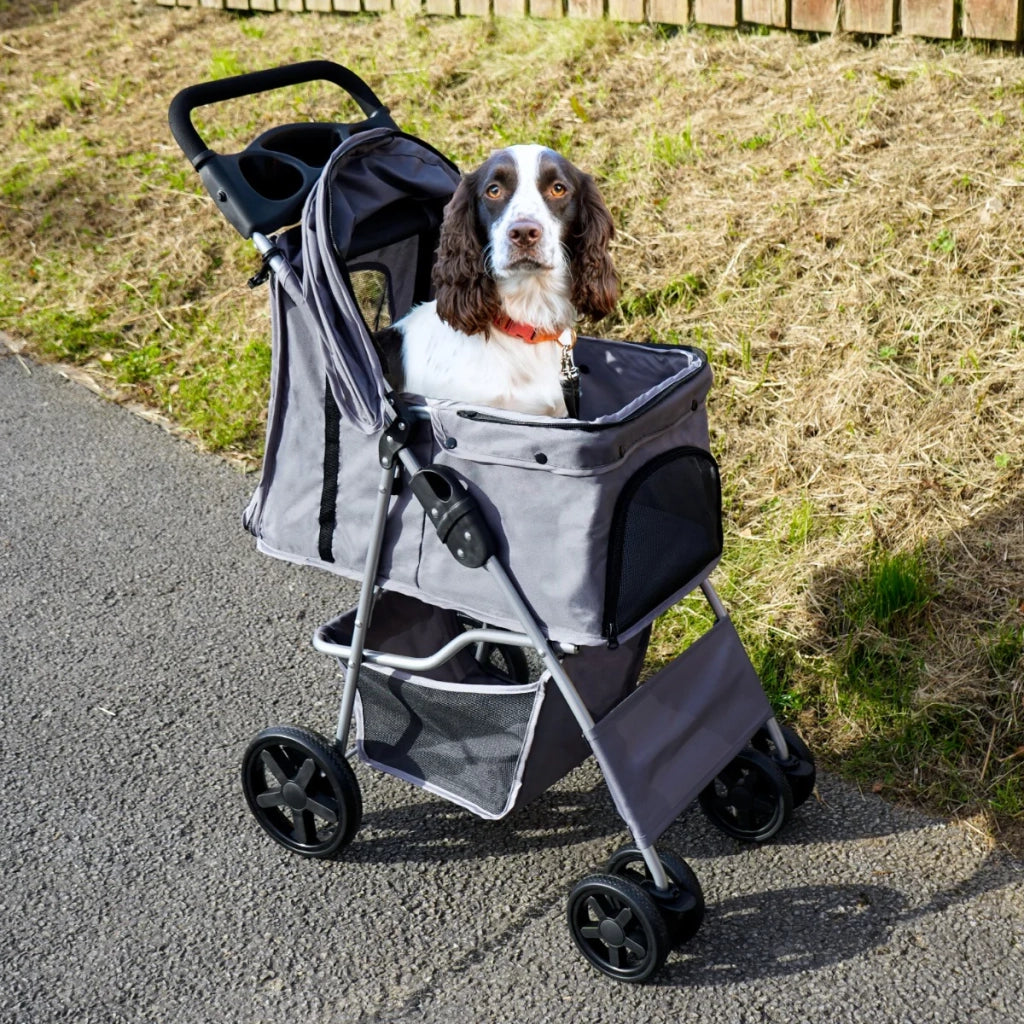 Passeggino per animali domestici Trasportino pieghevole Trolley da viaggio per gatti e cani Copertura anti-pioggia – Grigio