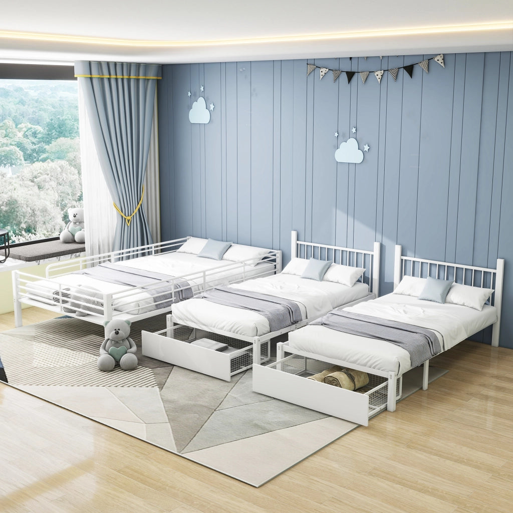 OKWISH Letto a Castello 140×200 cm e 90×200 cm, Letto 3 Posti con 2 Cassetti, Convertibile e Sponde, senza Materasso, Bianco