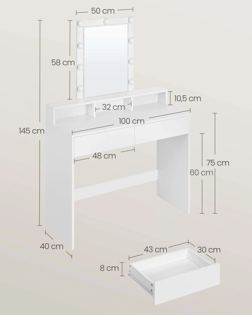 Toletta con specchio e lampadine tavolo da trucco con 2 cassetti e 3 vani portaoggetti stile moderno bianco 12_0005157