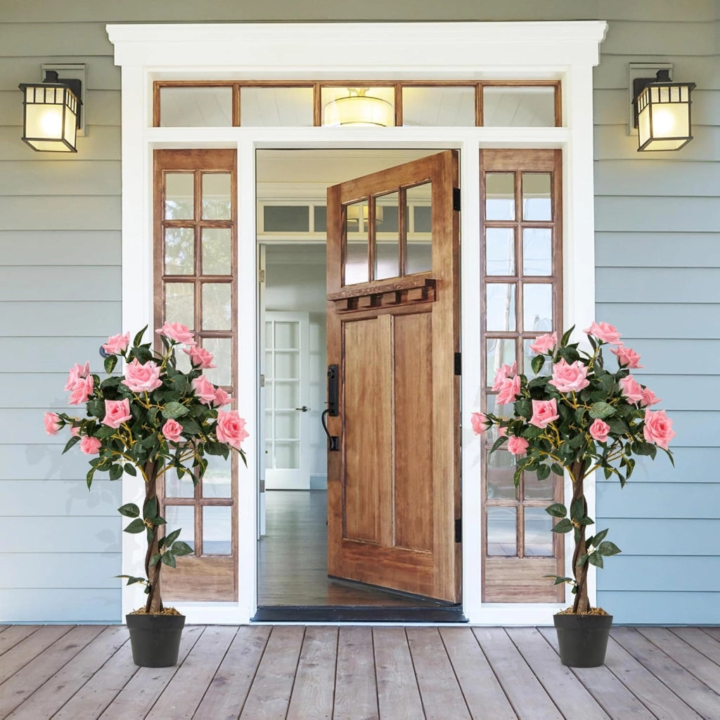 Pianta di vaso con rose artificiali, albero di fiori realistico, con tronco di legno e vaso di cemento, senza manutenzione, per la decorazione della casa e dell'ufficio