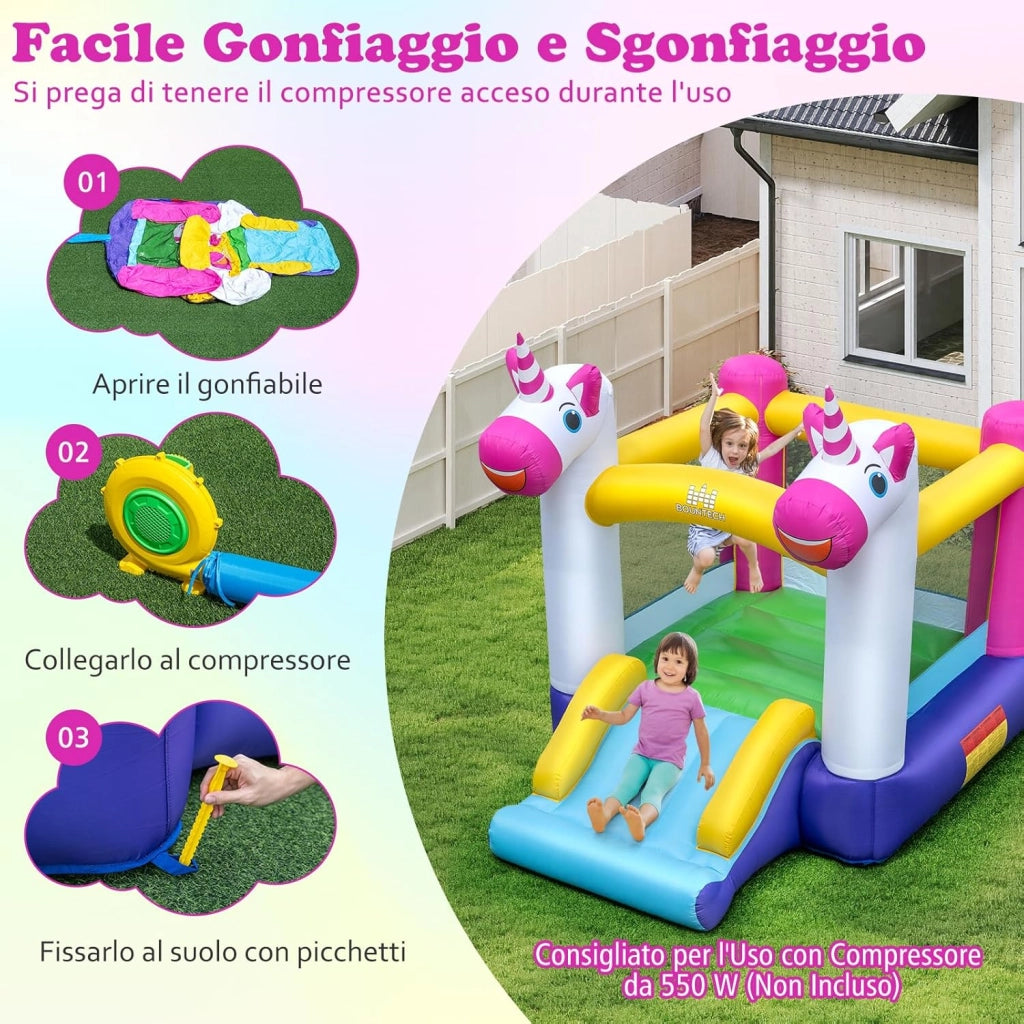 Castello Gonfiabile per Bambini, Casa Gonfiabile Unicorno per bambini con Scivolo e Area Salto, Parco Giochi Gonfiabile da 3-12 Anni, Adatto per Giardino, Esterno e Interno