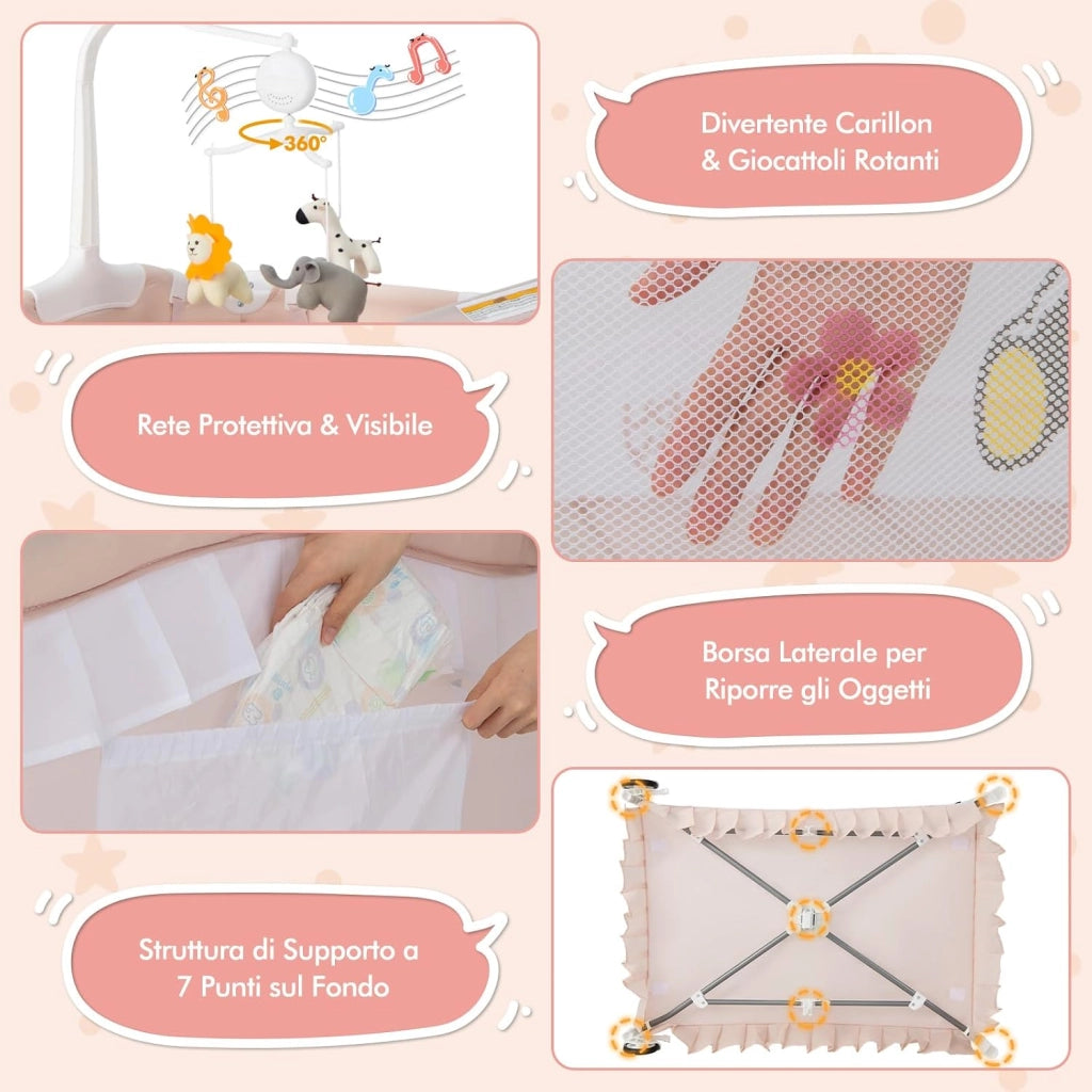 Lettino da Campeggio per Bambini, Culla Pieghevole con Fasciatoio Zanzariera, Box Neonati con Giocattoli, Ruote, per Bambini 0-36 Mesi (Rosa)