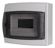 Centralino da parete 8 moduli con portello fumé, grigio RAL 7035, 200x180x100 mm, IP65, ideale per installazioni elettriche interne ed esterne