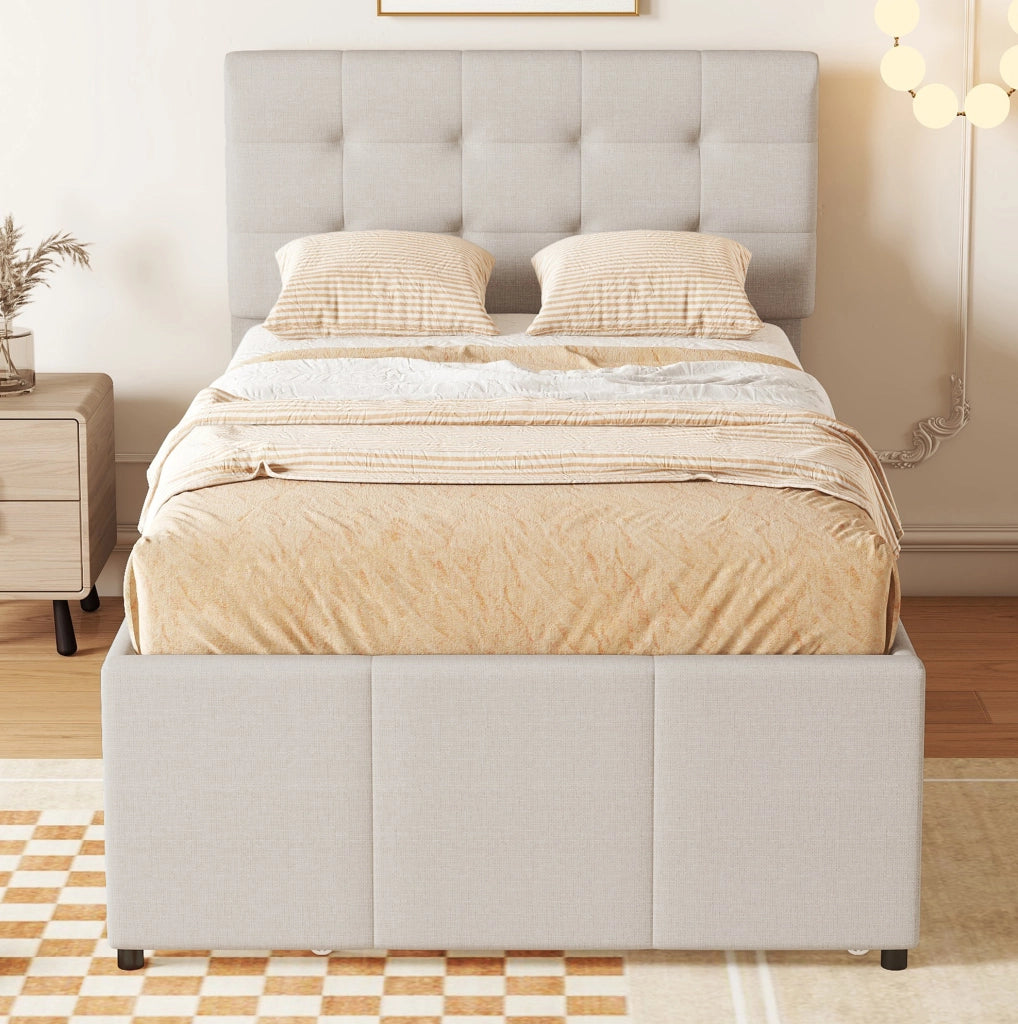 Letto imbottito con letto estraibile e 3 cassetti, beige, 90x200 cm