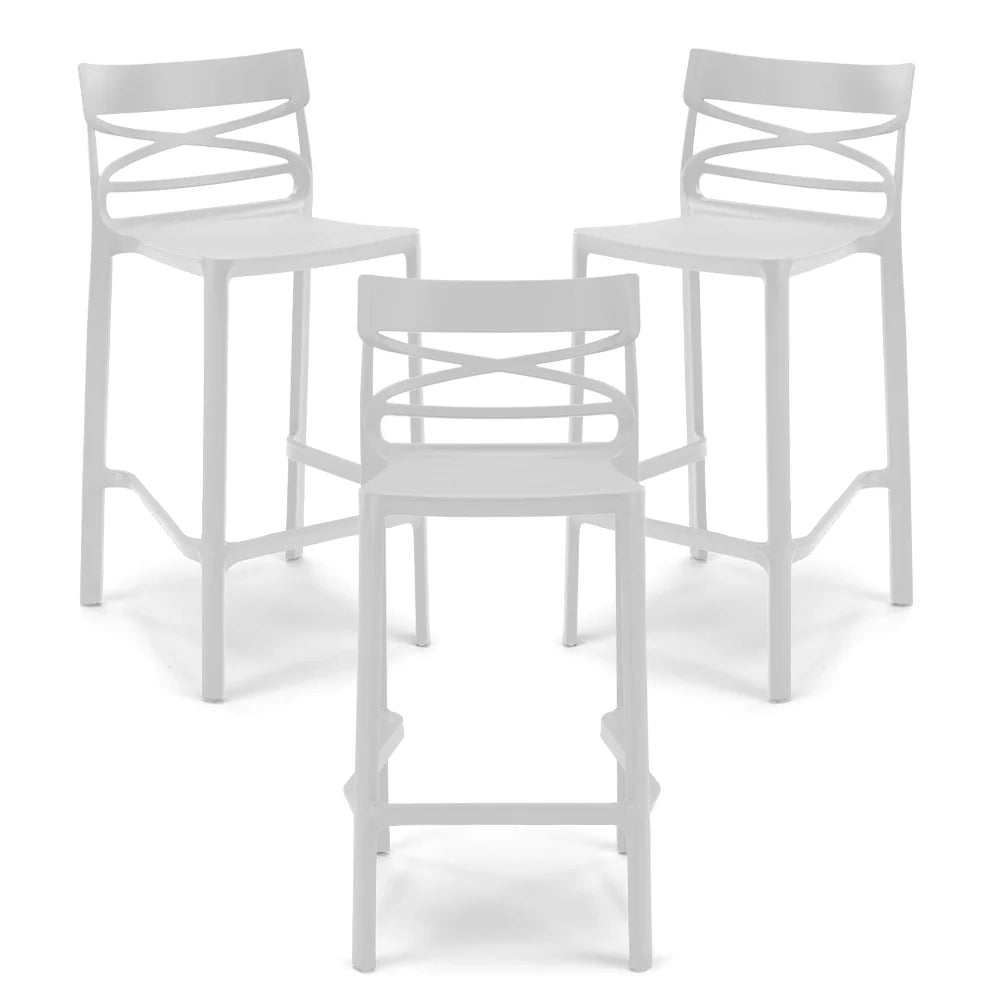 Set 3 Sgabelli Bianchi in polipropilene FLOW con poggiapiedi H65, MADE IN ITALY, resistente ai raggi UV, design moderno, ideale per sala da pranzo, cucina, bar, ristoranti o giardino