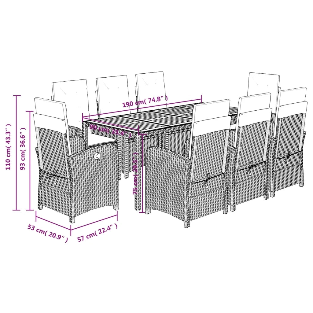 Set da Pranzo da Giardino 9 pz con Cuscini in Polyrattan Grigio