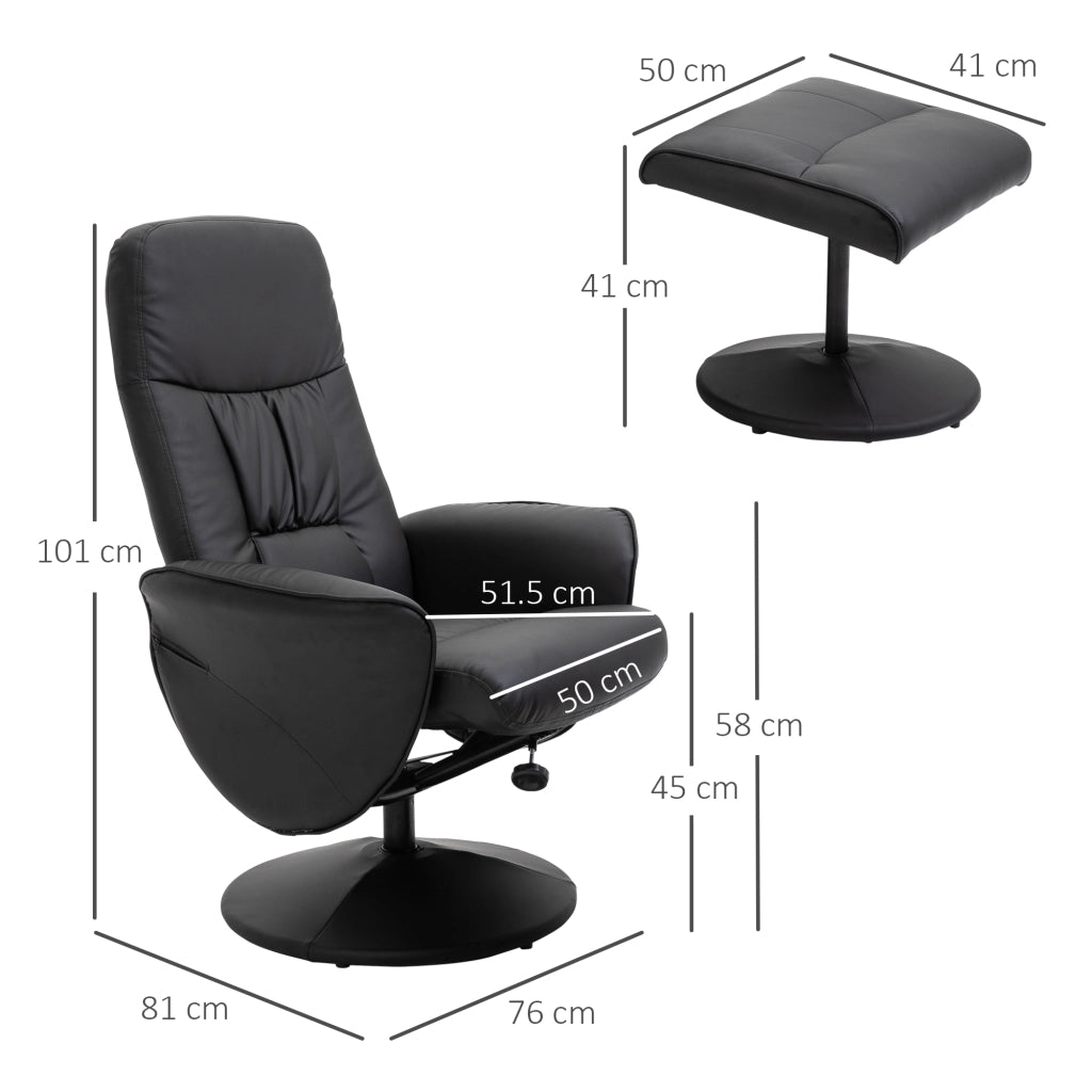Poltrona Relax Girevole a 360° con Poggiapiedi e Schienale Regolabile in Metallo e Finta Pelle Nero
