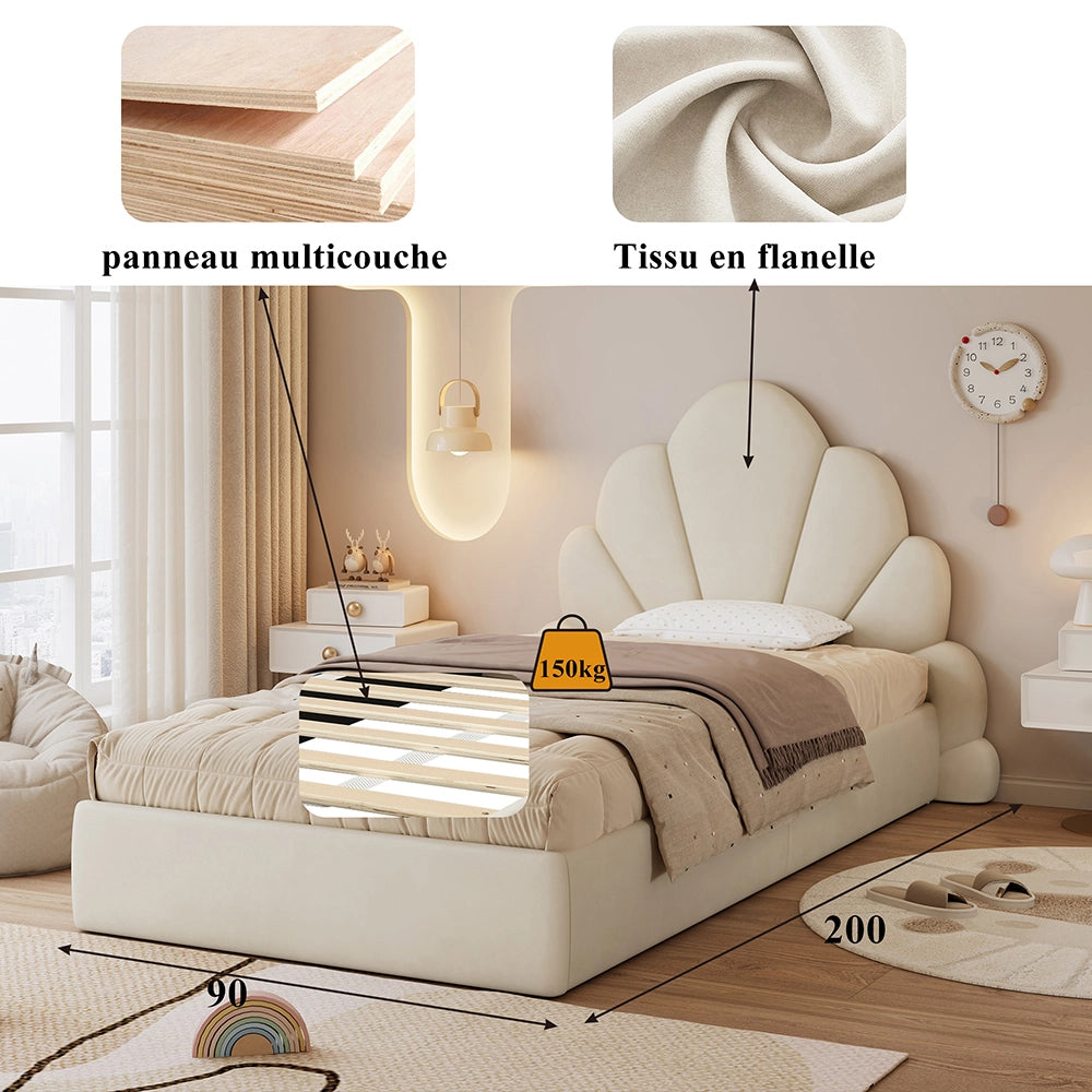Letto matrimoniale-Xylo-140x200 cm-imbottito, testiera petali, velluto, beige