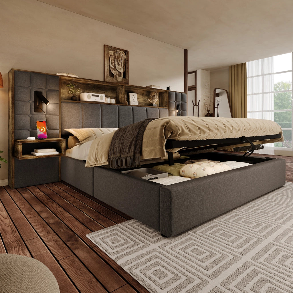 LETTO 160x200 cm in lino grigio con luci di lettura, USB e tavolini