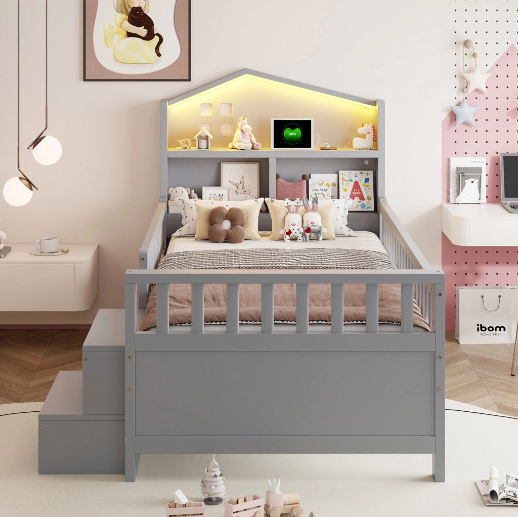 Letto per bambini 90x200 cm con 4 cassetti, LED, USB e USB-C grigio
