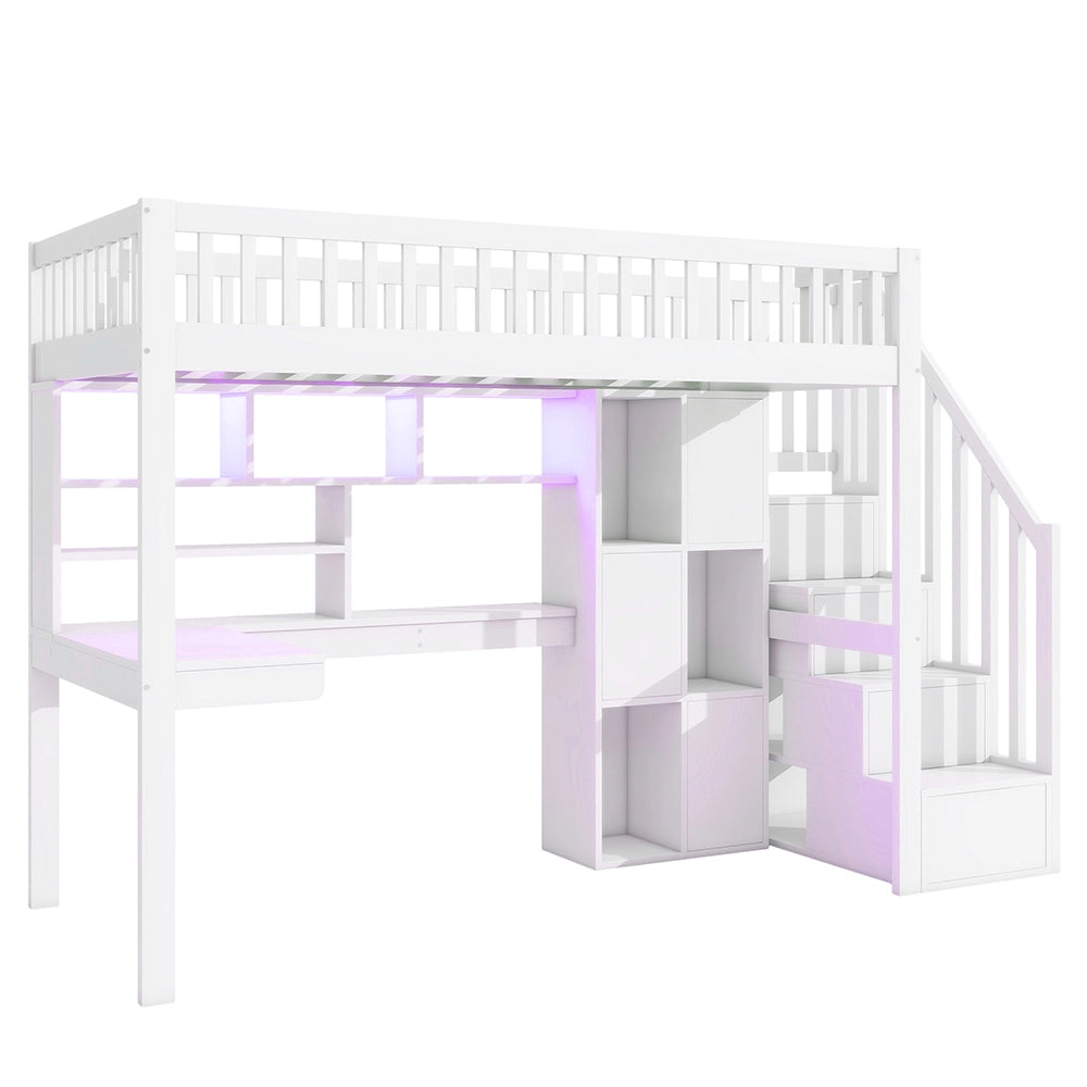 Letto mezzanino 90x200cm - Xylo - bianco, LED, scrivania, cassetti EN747