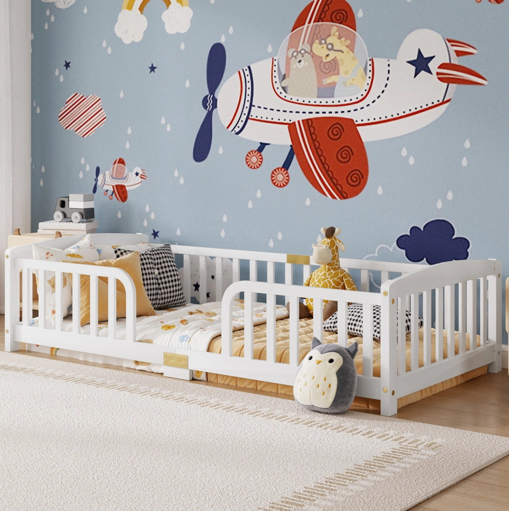 Letto a pavimento per bambini 90x200 cm con sponde di sicurezza bianco