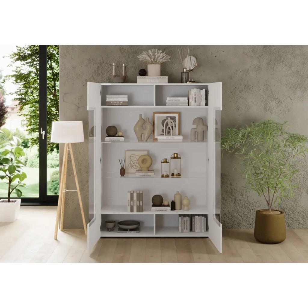 Vetrina SCENA – L121 x H166 x P42 cm – 2 porte – Bianco lucido lacato
