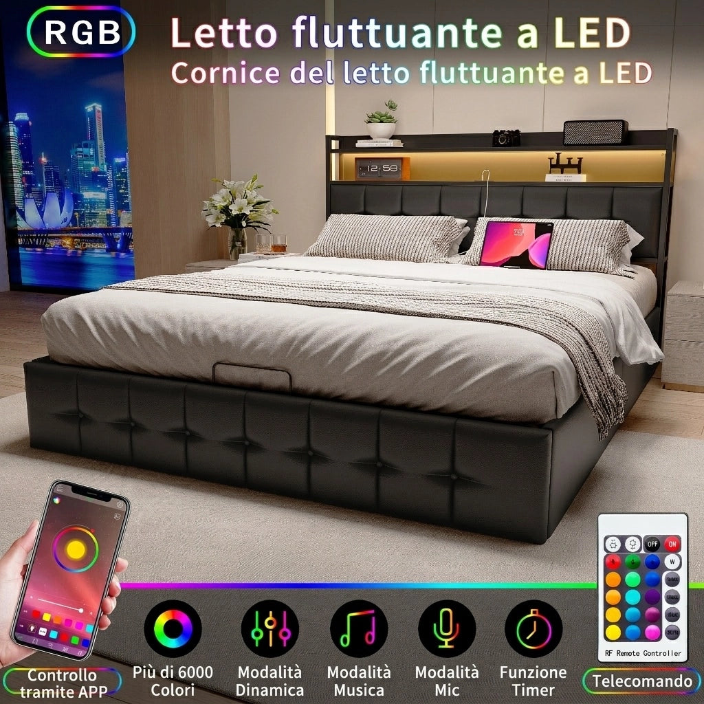 Letto matrimoniale 140x190 cm con contenitore LED USB testiera struttura letto MDF e PU - nero