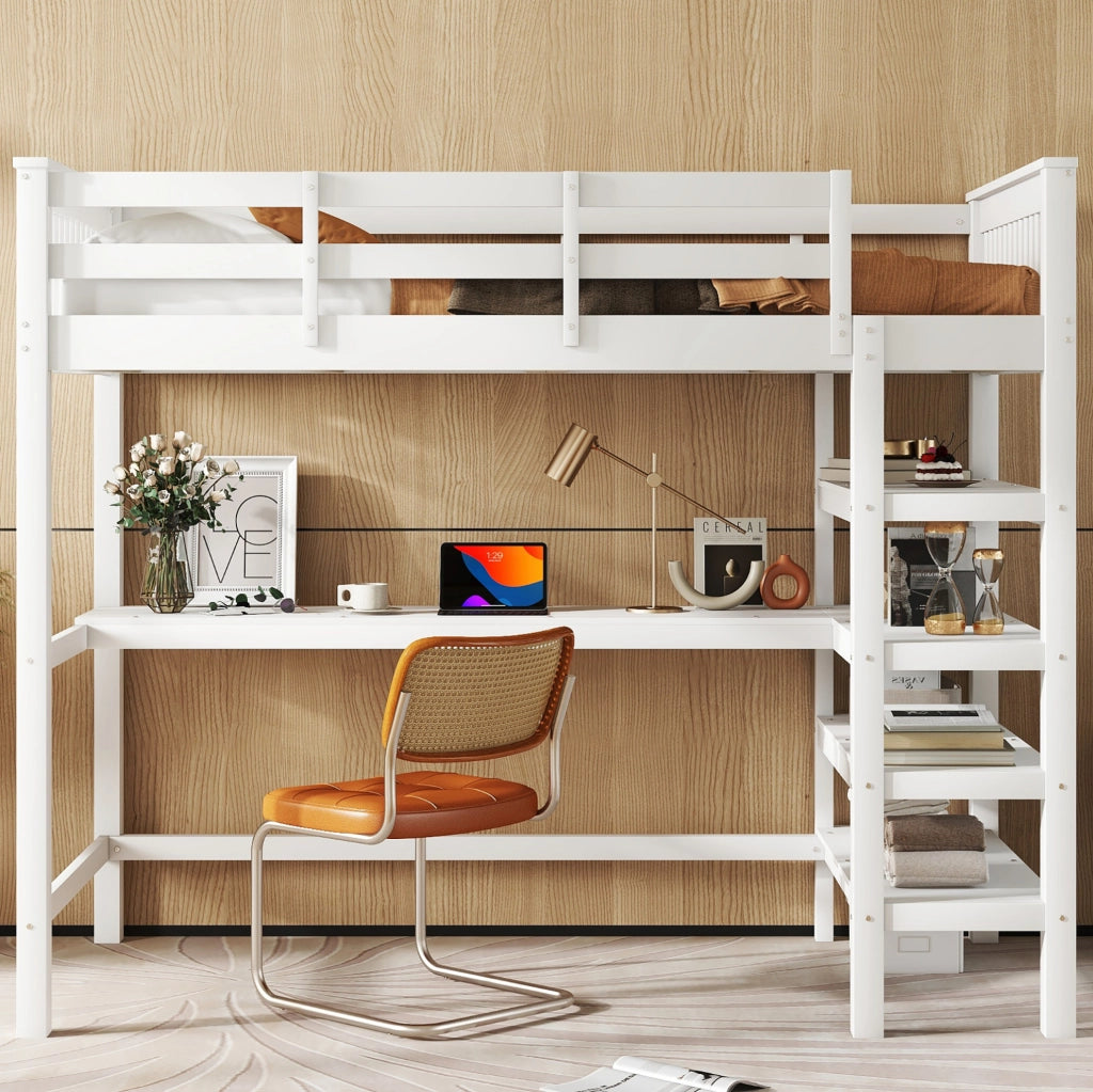 Hochbett 90x200 con scrivania e vani contenitivi, bianco