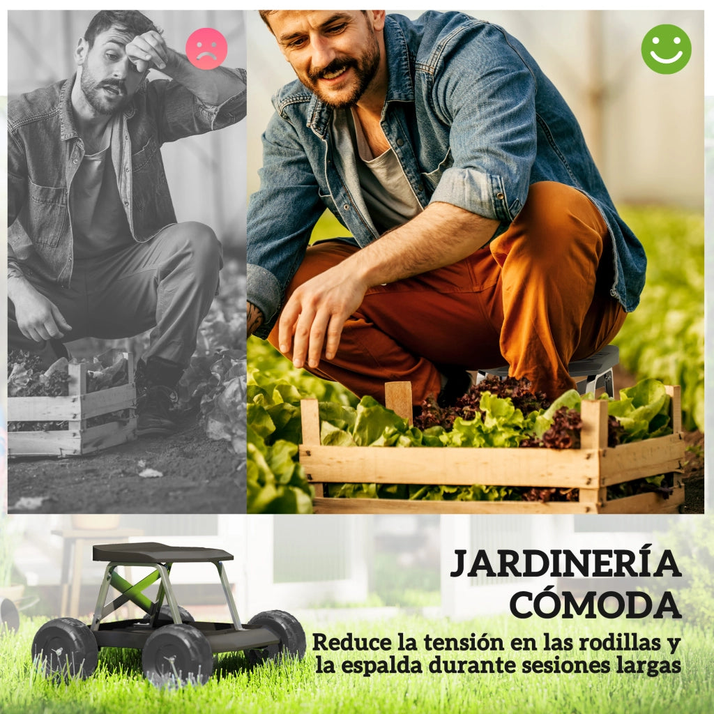 Sgabello da Giardino con Ruote e Vassoio ¨C zephmum ¨C Nero 50x49x32 cm