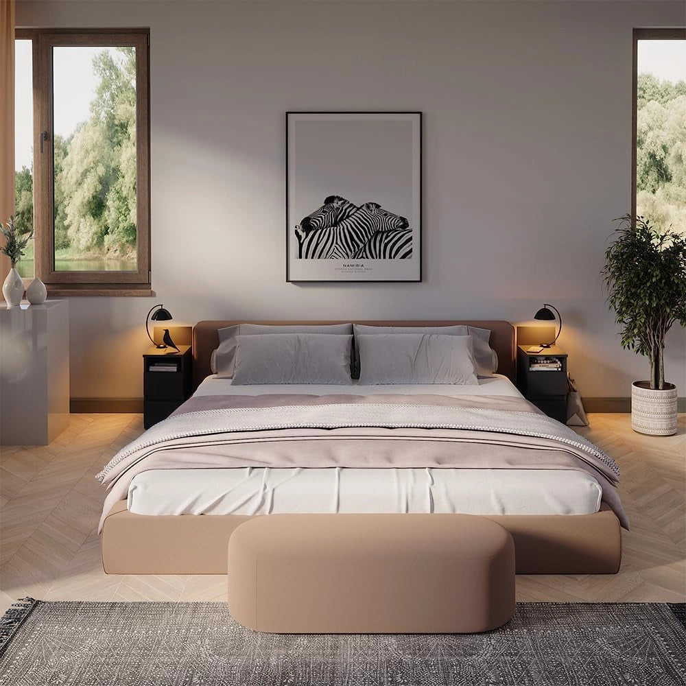 Comodino Monty, Nero, 25 x 59.1 cm con 2 cassetti, adatto per il posizionamento flessibile accanto al letto o al divano