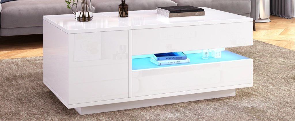 TAVOLINO ALZABILE 90 x 50 x 34,5 cm Bianco Lucido con LED e 1 cassetto
