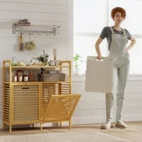 Mobile Portabiancheria con 2 Cesti da 41L e 2 Ripiani, in Bambù e Poliestere, 82x33x88 cm, color Legno e Crema